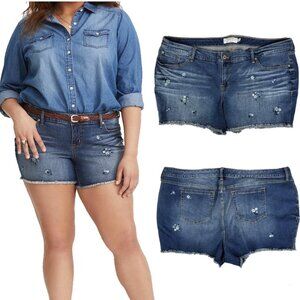 Torrid Floral Embroidered Shorts Stretch Fray Hem Med Wash Plus Size 26